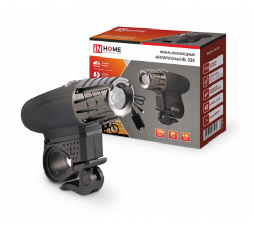 Фонарь велосипедный аккумуляторный BL 03А 3W LED 300Lm 4 режима с з/у 220В ЧЕРНЫЙ  4690612035239  IN HOME