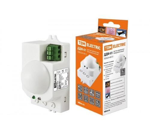 Датчик движения ДДМ-01 5,8ГГц 1200Вт, 10-720с, 1-8м, 3+Лк, 120(сбоку)+360(сверху)гр IP20,  SQ0324-0015  TDM