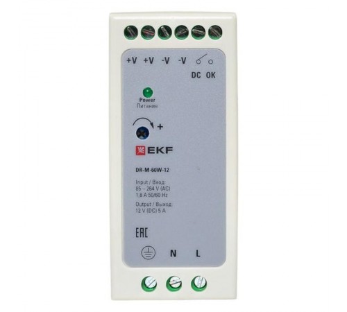 Блок питания на дин рейку 60Вт,Uвх ~ 220 В AC m, Uвых - 12 В DC постоянного тока DR-M-60W-12 EKF