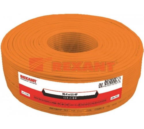 Кабель коаксиальный REXANT RG-6U+Cu нг(А)-HF, Cu/Al/Cu, 64%, 75 Ом, бухта 100 м, оранжевый01-2654Rexant