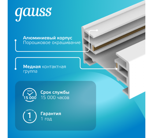 Шинопровод осветительный накладной 2м белый (с адаптером питания и заглушкой)  TR102  Gauss