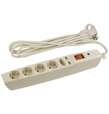 Сетевой фильтр SFU-5es-2m-I   (сл. кость) с заземл, 3x0.75мм2, со шт, с выкл, 5гн+2xUSB, 2м, кор (20/2 C0043328  ЭРА