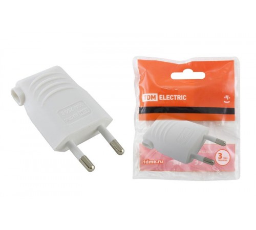 Вилка б/з белая 10А 250В (евровилка CEE 7/16) угловой вывод проводника   SQ1806-0090  TDM