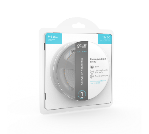 Лента светодиодная Basic LED 2835/120 12V 9,6W/m 624lm/m 4000K 8mm IP20 5m 1/100  BT065  Gauss