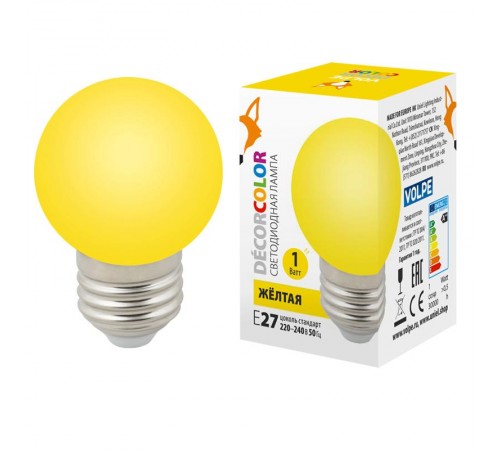 Лампа светодиодная LED-G45-1W/YELLOW/E27/FR/С декоративная LED. "шар", матовая. Цвет желтый  UL-00005649  Volpe