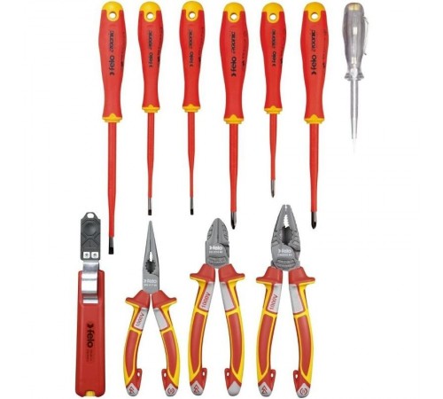 Набор диэлектрических отверток, бокорезов, плоскогубцев, длинногубцев, стриппера и тестера в сумке  41381104  Felo