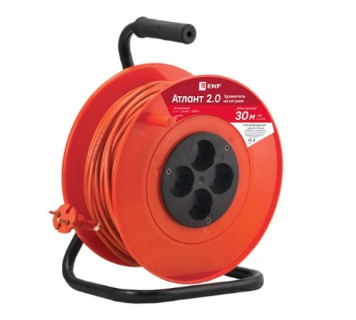 Удлинитель на катушке "Атлант 2.0" 4 гнезда 30м без заземления  ПВС 2*0,75 6А/1,3кВт PROxima  UKA02-06-275-4-30  EKF
