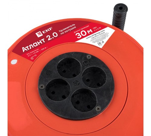 Удлинитель на катушке "Атлант 2.0" 4 гнезда 30м без заземления  ПВС 2*0,75 6А/1,3кВт PROxima  UKA02-06-275-4-30  EKF